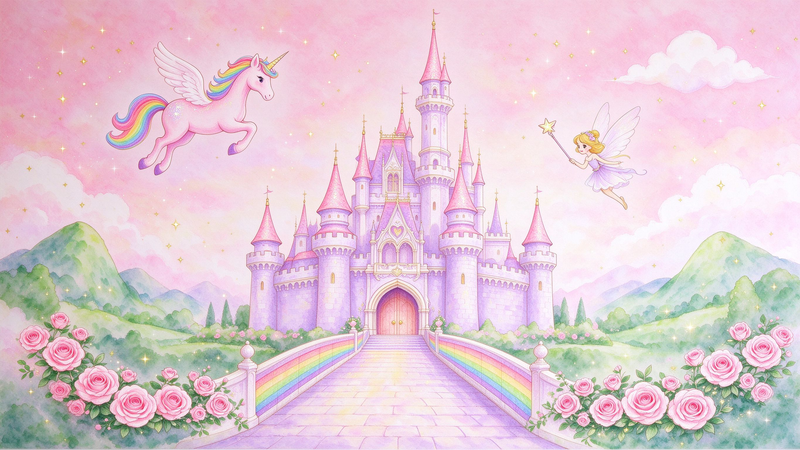 Pink Princess Castle Unicorn Wall Mural, Fairy Tale Girls Room Wallpaper