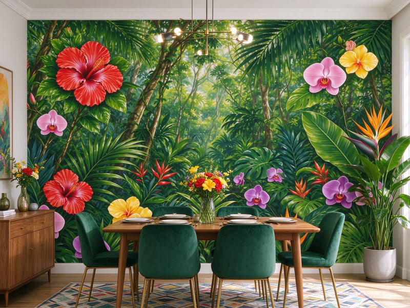 Colorful Tropical Flower Wall Mural — Vibrant Jungle Rainforest Wallpaper