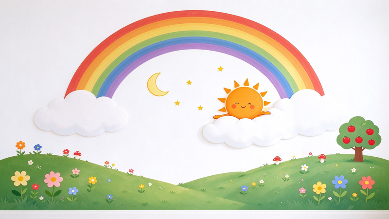 Rainbow Sun Clouds Kids Wall Mural, Sunny Hills Nursery Wallpaper