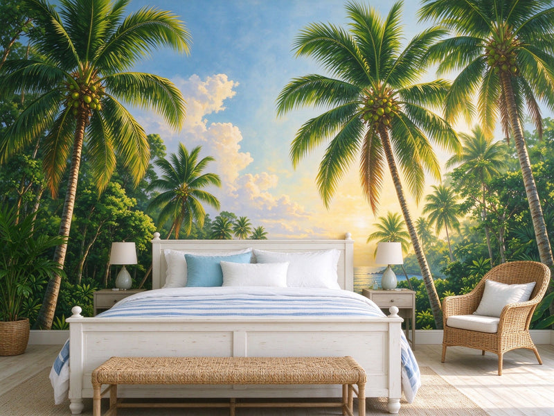 Tropical Beach Wall Mural — Palm Tree Coast with Ocean View Wallpaper