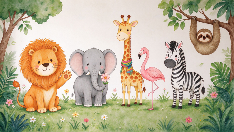 Safari Zoo Animals Watercolor Wall Mural, Lion Elephant Giraffe Kids Wallpaper