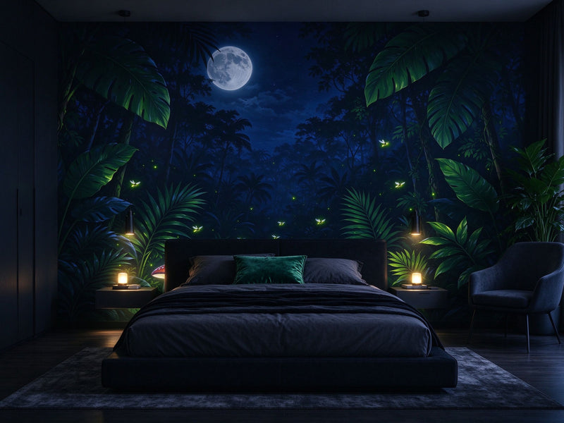Night Tropical Jungle Wall Mural — Moonlight Rainforest with Fireflies Wallpaper