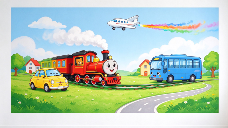 Cute Cartoon Vehicles Train Plane Kids Wall Mural, Boys Room Wallpaper