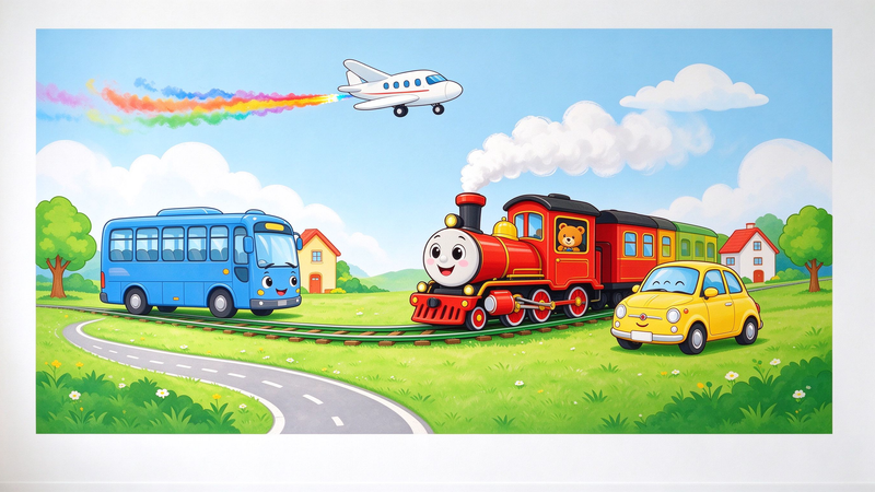 Cute Cartoon Vehicles Train Plane Kids Wall Mural, Boys Room Wallpaper