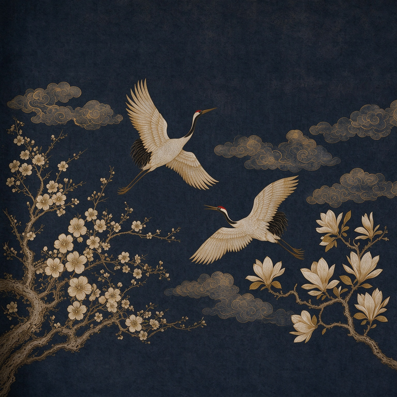 Navy Gold Crane & Blossom Luxury Wallpaper