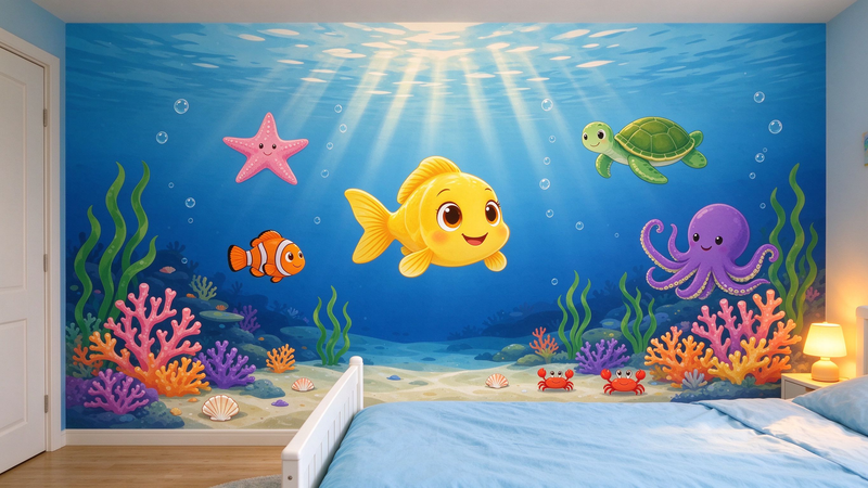 Cartoon Underwater Sea World Kids Wall Mural, Ocean Fish Nursery Wallpaper