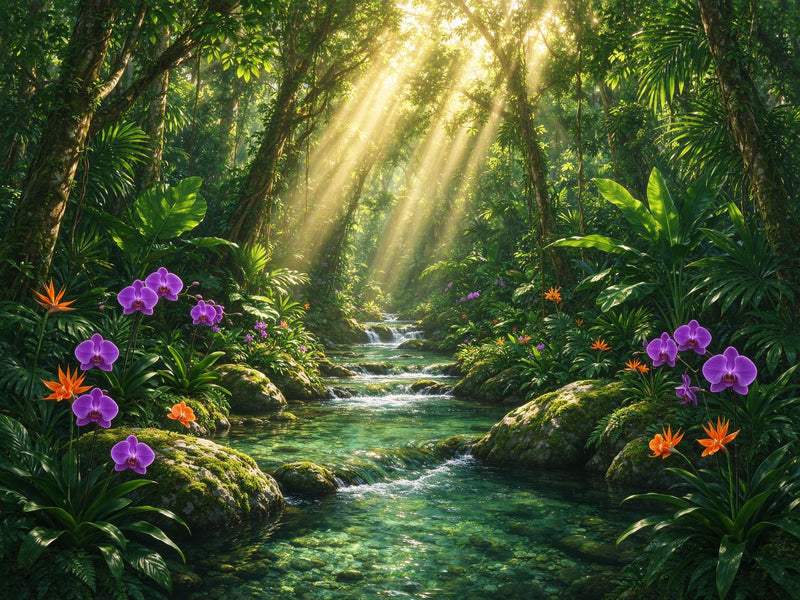 Sunlit Tropical Rainforest Wall Mural — Jungle Stream with Exotic Orchids Wallpaper