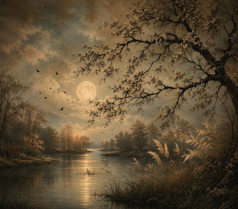 Vintage Moonlit River Landscape Oil Painting Wall Mural | Moody Blossom Tree Night Scene Wallpaper | Custom Removable Wall Art for Bedroom