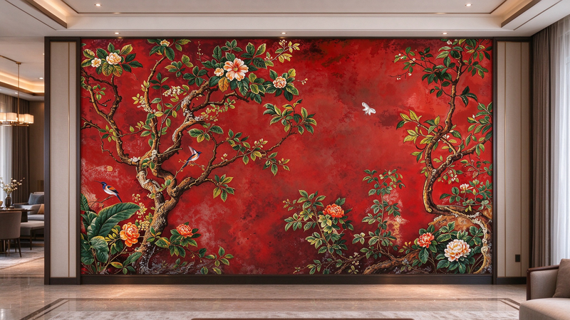 Red European style Floral Bird branch Wall Mural Wallpaper