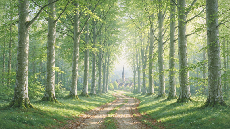 European Beech Tree Forest Path Wall Mural, Spring Green Woodland Wallpaper