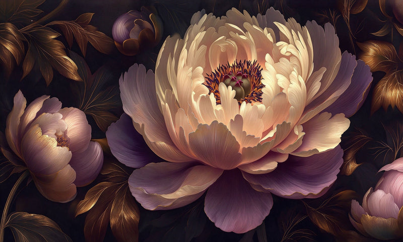 Luxury Cream Peony Floral Wall Mural, Elegant Purple Gold Flower Wallpaper for Living Room & Bedroom