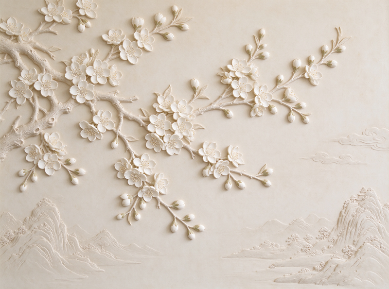 3D Relief Floral Branch Wall Mural | Neutral Beige Textured Wallpaper Bedroom Feature Wall