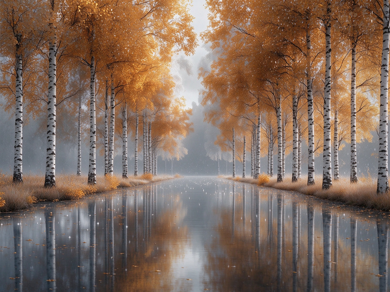Autumn Birch Forest Reflection Wall Mural, Golden Fall Leaves Water Mirror Lake Wallpaper Mural