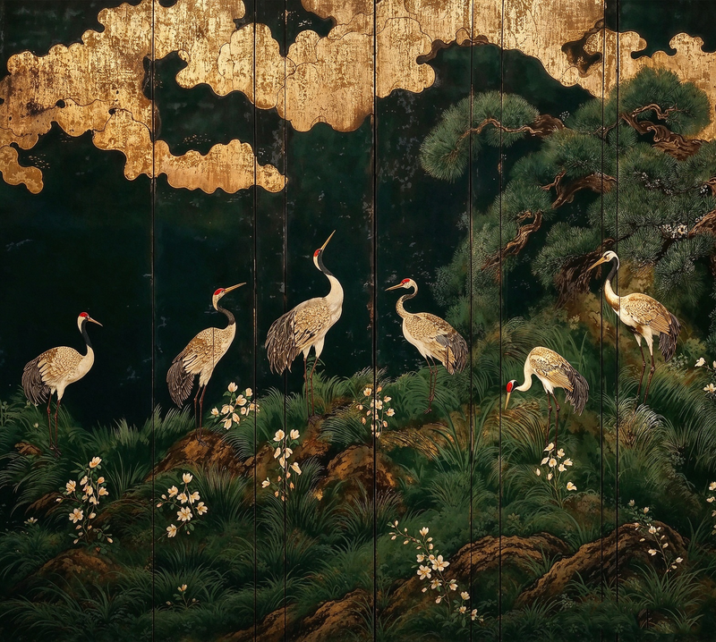 Vintage Chinoiserie Gold Foil Crane Wall Mural | Dark Green Pine Tree Screen Wallpaper | Custom Removable Wall Art for Living Room Study
