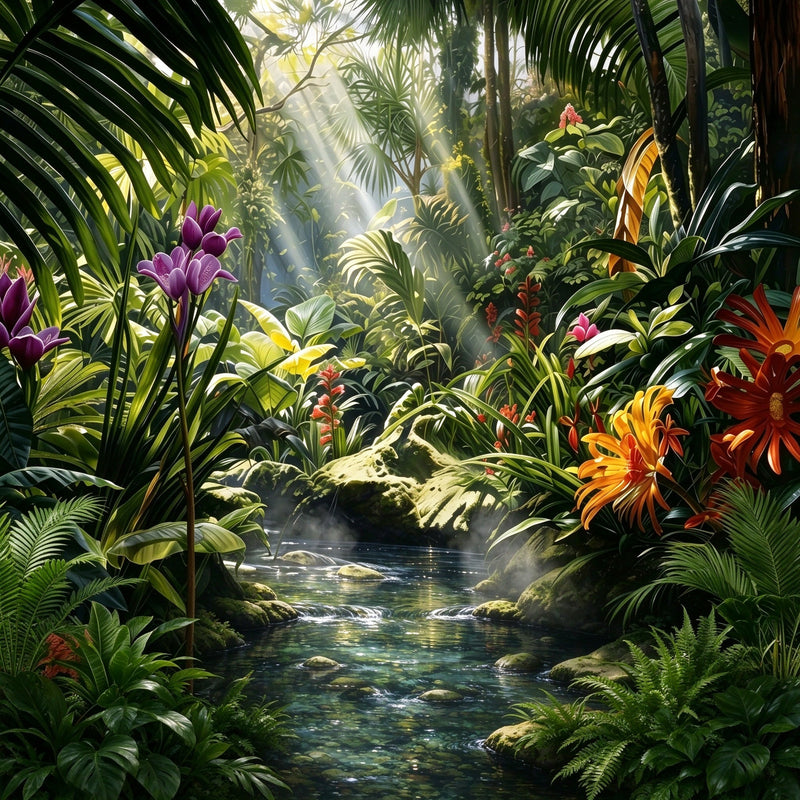 Sunlit Tropical Rainforest Wall Mural — Jungle Stream with Exotic Flowers Wallpaper