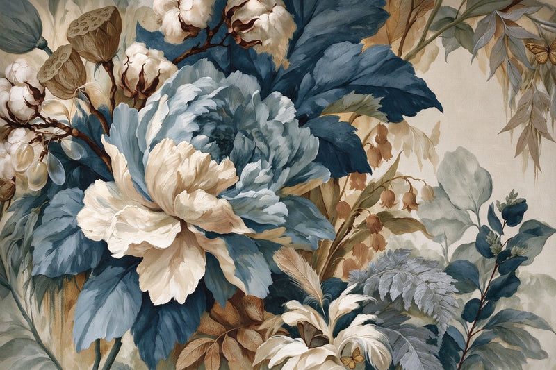 Blue Peony Cotton Boll Wallpaper Mural | Vintage Botanical Oil Painting Peel and Stick