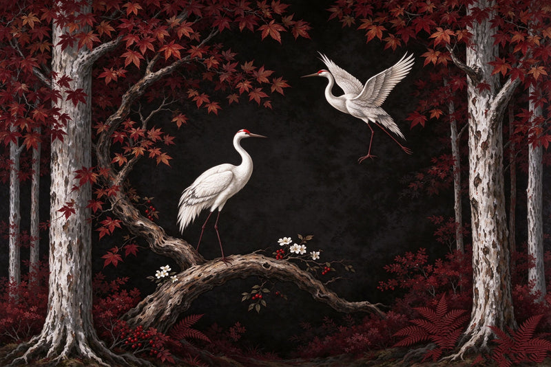 Red Maple Forest Crane Wallpaper Mural | Autumn Chinoiserie Botanical Peel and Stick