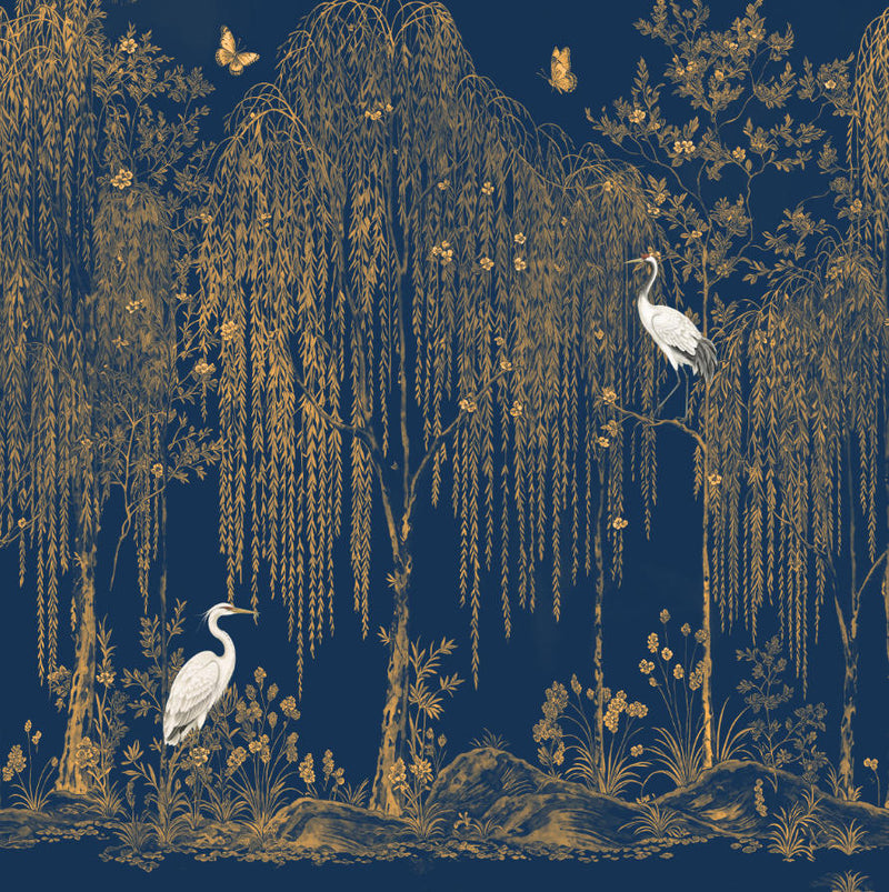 Luxury Navy Blue Gold Botanical Crane Bird Wall Mural Wallpaper