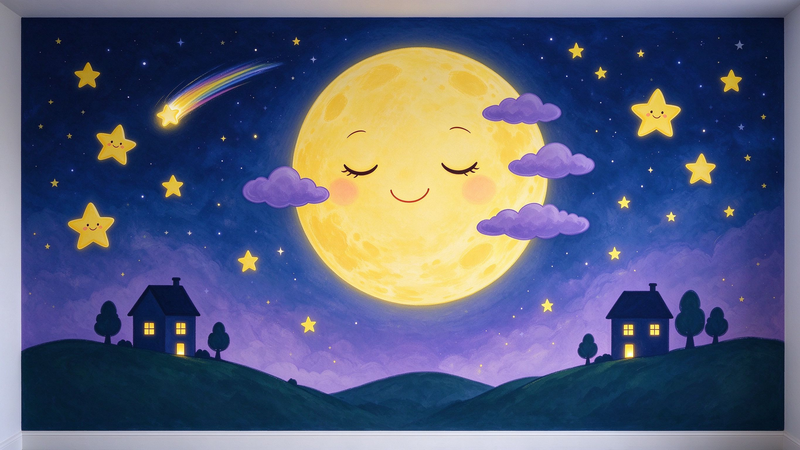 Sleepy Moon Stars Kids Wall Mural, Night Sky Nursery Wallpaper