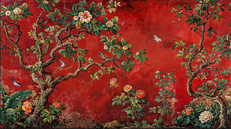 Red European style Floral Bird branch Wall Mural Wallpaper