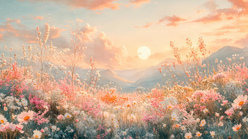 Pink Wildflower Mountain Sunset Wall Mural, Floral Landscape Wallpaper