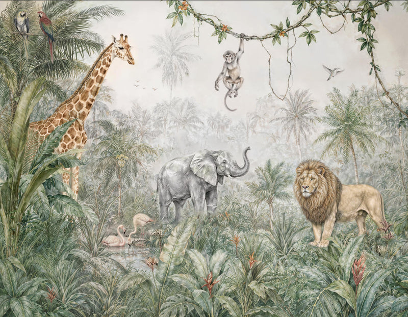 Watercolor Jungle Safari Animals Giraffe Mural Playroom Wallpaper