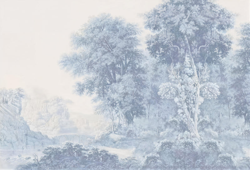 Blue Forest Trees Wall Mural, Misty Landscape Wallpaper