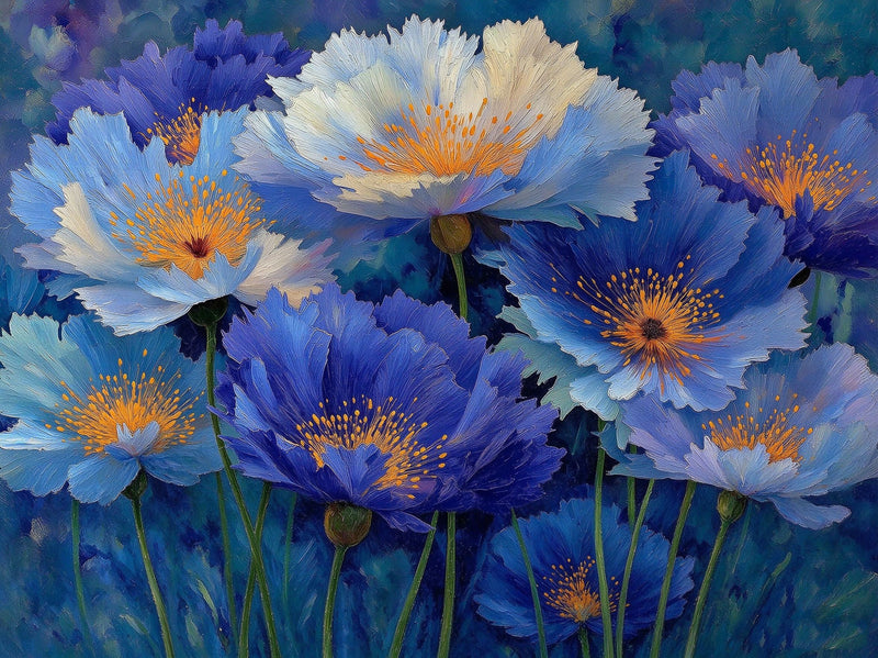 Blue Poppy Gold Accent Wallpaper Mural | Elegant Hand-Painted Floral Peel and Stick