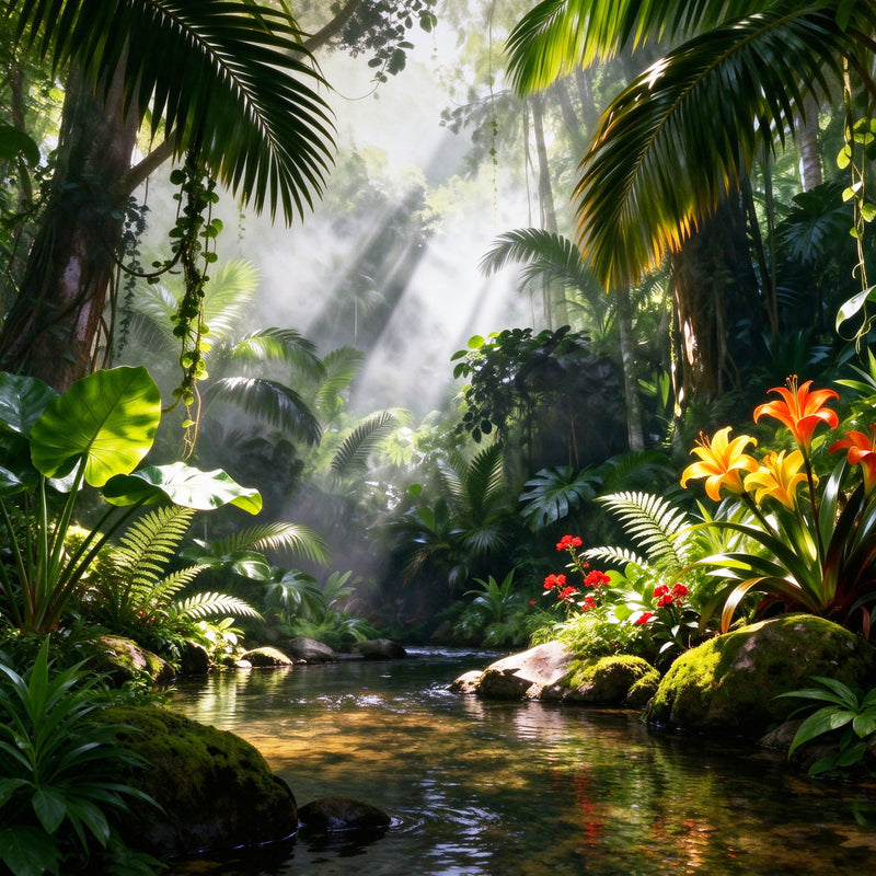 Misty Jungle Stream Wall Mural — Tropical Rainforest with Orange Lilies Wallpaper