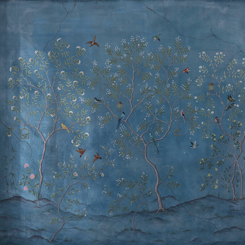 Muted Blue Chinoiserie Bird Tree Wall Mural | Vintage Crackled Floral Wallpaper | Peel and Stick Removable Wall Art for Bedroom Bathroom