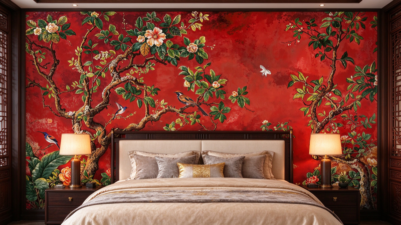 Red European style Floral Bird branch Wall Mural Wallpaper