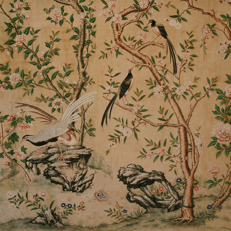 Vintage Chinese Garden Crane Landscape Mural