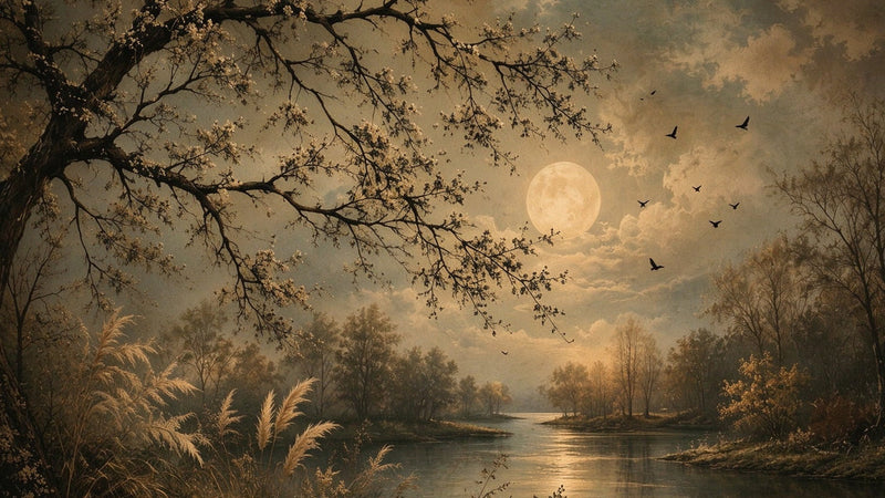 Vintage Moonlit River Landscape Oil Painting Wall Mural | Moody Blossom Tree Night Scene Wallpaper | Custom Removable Wall Art for Bedroom