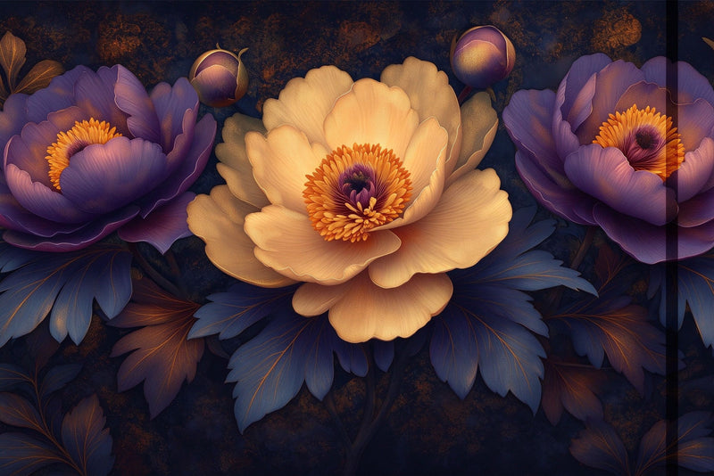 Purple Yellow Peony Floral Wall Mural, Modern Gold Accent Flower Wallpaper for Home & Office