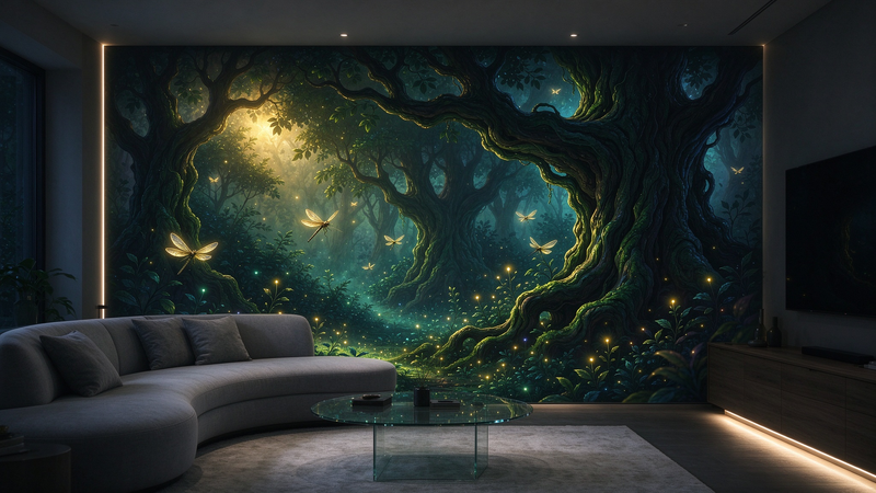 Magical Forest Deer Wall Mural, Soft Nature Scenery Wallpaper for Bedroom