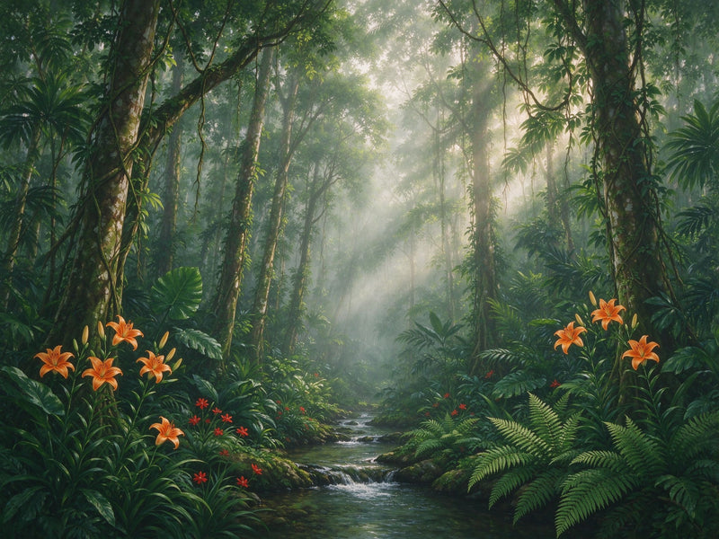Misty Jungle Stream Wall Mural — Tropical Rainforest with Orange Lilies Wallpaper