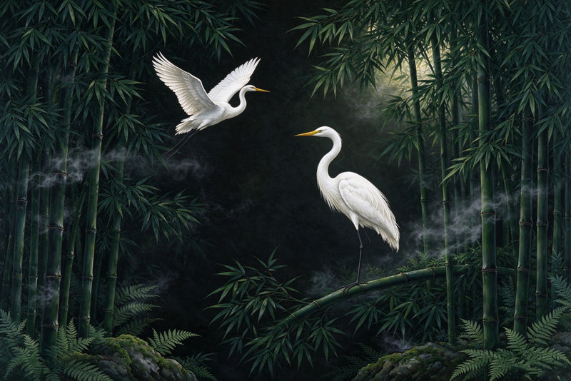 Bamboo Forest White Egret Wallpaper Mural | Zen Oriental Nature Peel and Stick