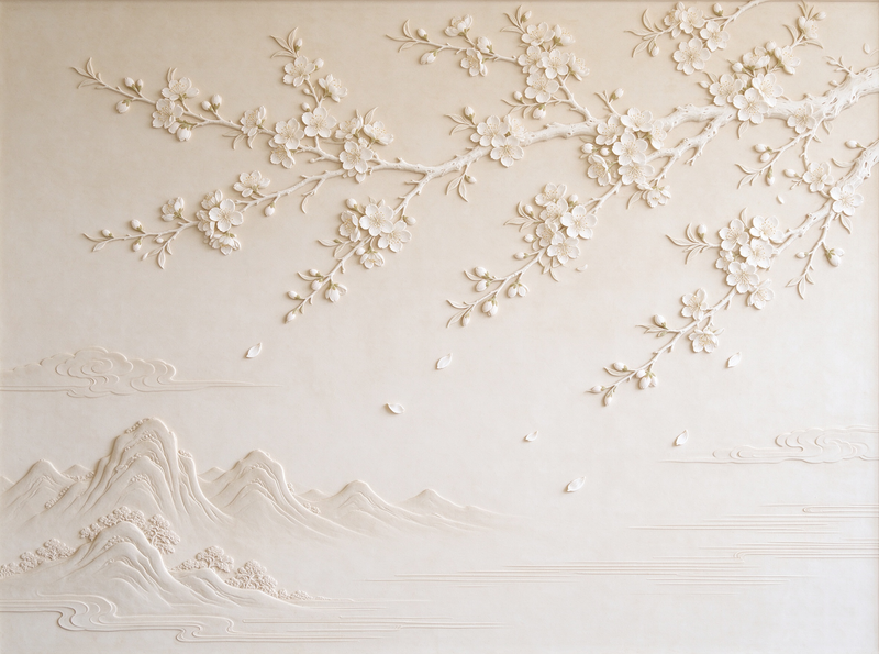 3D Embossed Magnolia Branch Wall Mural | Wide Cream Landscape Wallpaper for Living Room