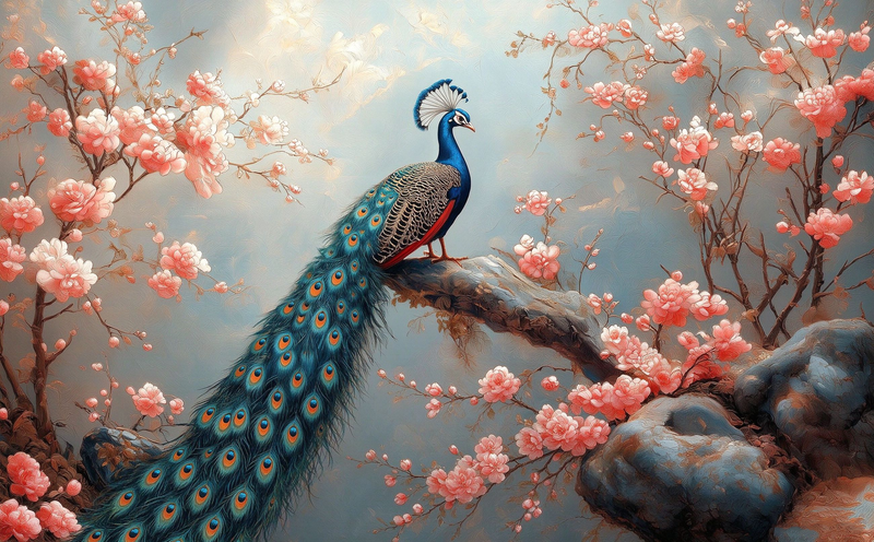 Elegant Peacock Cherry Blossom Wallpaper Mural | Soft Pink Floral Peel and Stick Wall Art