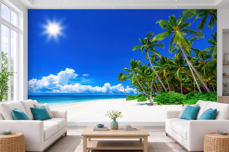 Tropical Beach Seascape Wall Mural | Blue Sky Palm Tree Wallpaper for Living Room