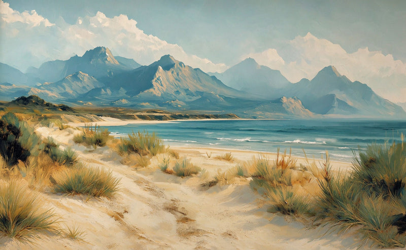 Oil Painting Coastal Mountain Beach Wall Mural | Neutral Boho Seaside Landscape Removable Wallpaper