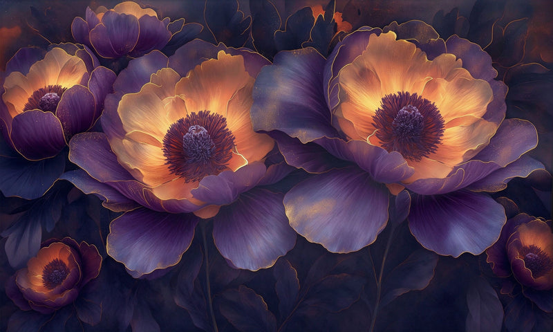 Purple Orange Gold Flower Wall Mural, Dramatic Luxury Floral Wallpaper for Modern Home Decor