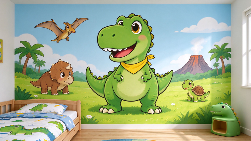 Cute Cartoon Dinosaur Kids Wall Mural, T-Rex Nursery Wallpaper Decor
