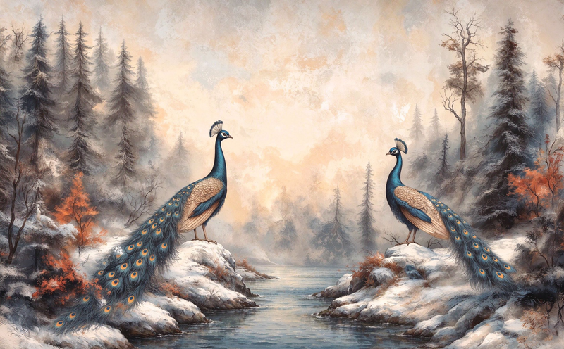 Winter Forest Peacock Wallpaper Mural | Symmetrical Coastal Pine Landscape Peel and Stick