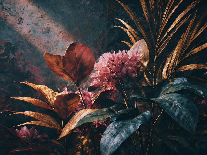 Chiaroscuro Botanical Dramatic Golden Floral Wallpaper – Moody Dark Peel and Stick Wallpaper Mural