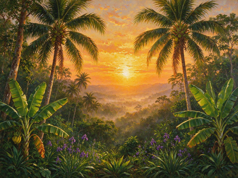 Oil Painting Tropical Sunset Wall Mural — Jungle Landscape with Palm Trees Wallpaper
