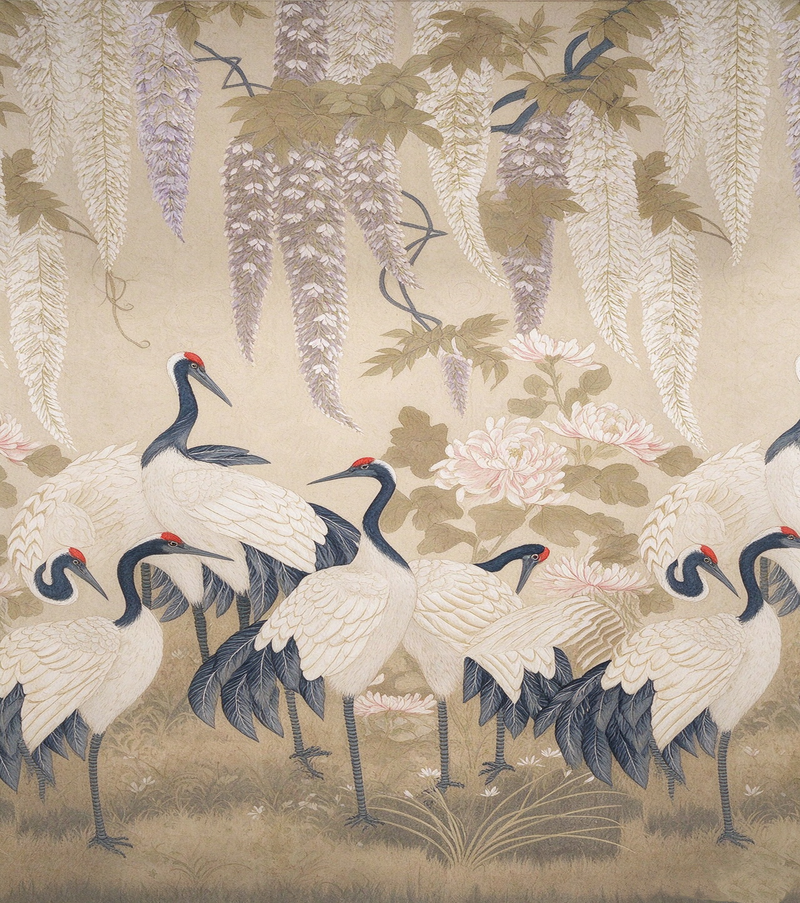 Soft Beige Wisteria Crane Wall Mural | Modern Chinoiserie Embroidered Effect Wallpaper | Custom Neutral Wall Art for Powder Room Bedroom