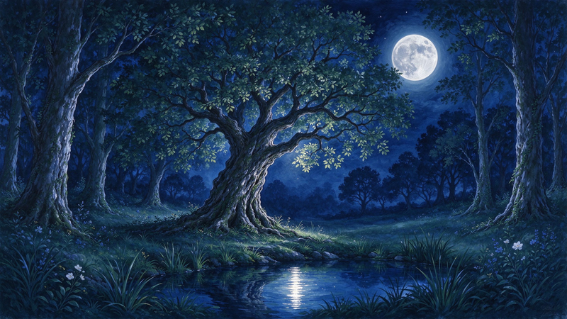 Moonlit Forest Night Wall Mural, Mystical Moon Tree Bedroom Wallpaper