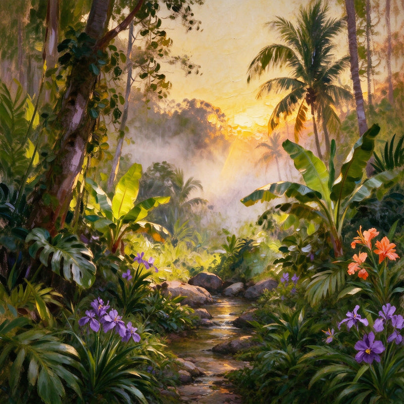 Oil Painting Tropical Sunset Wall Mural — Jungle Landscape with Palm Trees Wallpaper