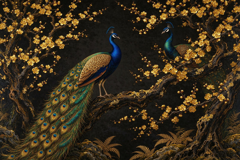 Gold Peacock Cherry Blossom Wallpaper Mural | Luxury Dark Floral Peel and Stick